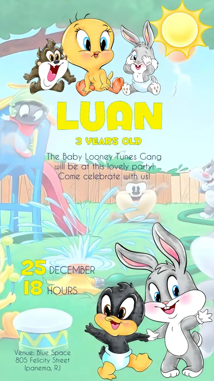 Invitation Baby Looney Tunes Kids – Most searched for theme watercolor, colorful, fun, childlike, animated characters