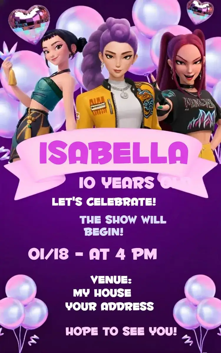 Invitation Purple Kpop Warriors Invitation – Birthday theme purple, K-pop, youthful, artistic, vibrant, fun