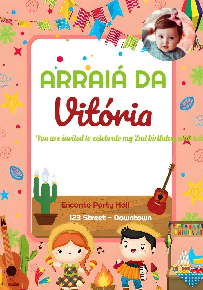 Invitation Arraiá Festa Junina With Girl Photo – Commemorative Dates theme colorful, festive, childish, vintage, playful