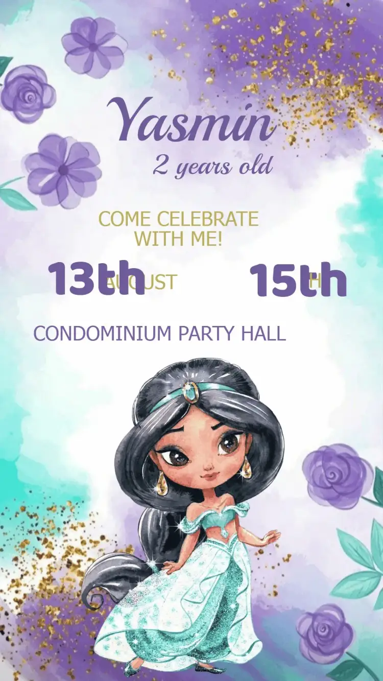 Invitation Princess Jasmine Birthday Invitation – Kids' Birthday Party theme vibrant colors, fairy tale elements, charming style, colorful design, princess theme