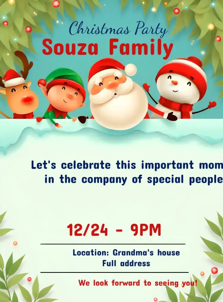 Invitation Family Christmas Party Doll – Commemorative Dates theme festive, colorful, fun, winter-inspired, Christmas-themed illustrations, playful style