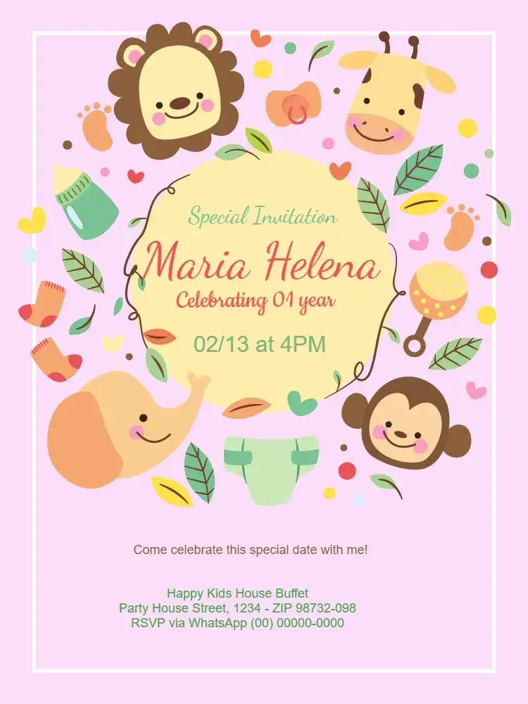 Invitation Safari Baby Girl Infant – Kids' Birthday Party theme rustic, delicate, childish, colorful, floral, fun