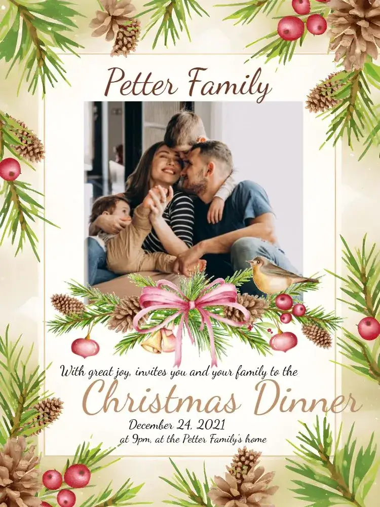 Invitation Christmas Dinner With Pine Cones Photo – Commemorative Dates theme rustic, Christmas-themed, modern, cozy, natural