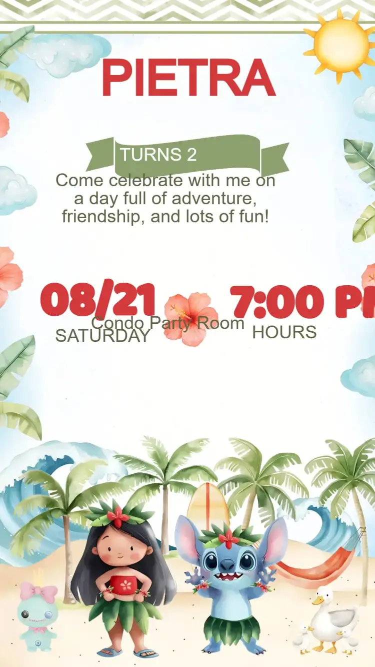 Invitation Lilo and Stitch Birthday Invitation – Kids' Birthday Party theme tropical, fun-filled, colorful, Disney-themed, child-friendly, lively