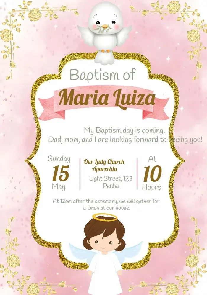 Invitation Girl's Pink and Gold Baptism – Baptism theme floral, pink, golden, delicate, celestial, modern