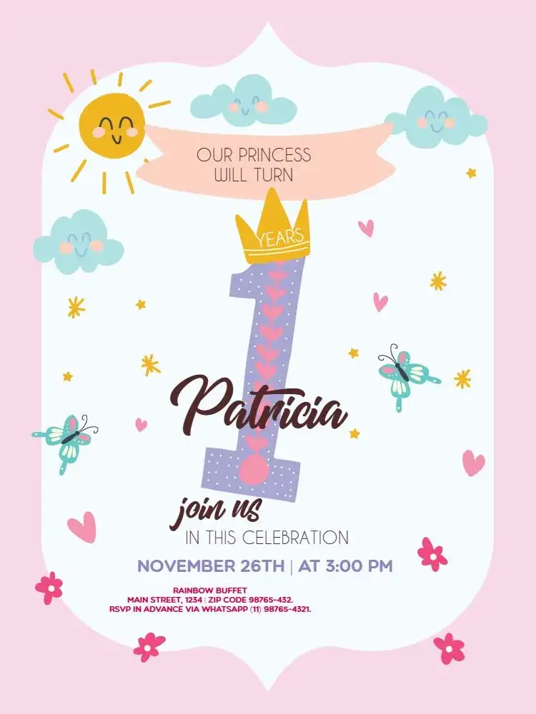 Invitation 1 Year Pink Flower – Kids' Birthday Party theme pink, colorful, playful, floral, childlike, fun