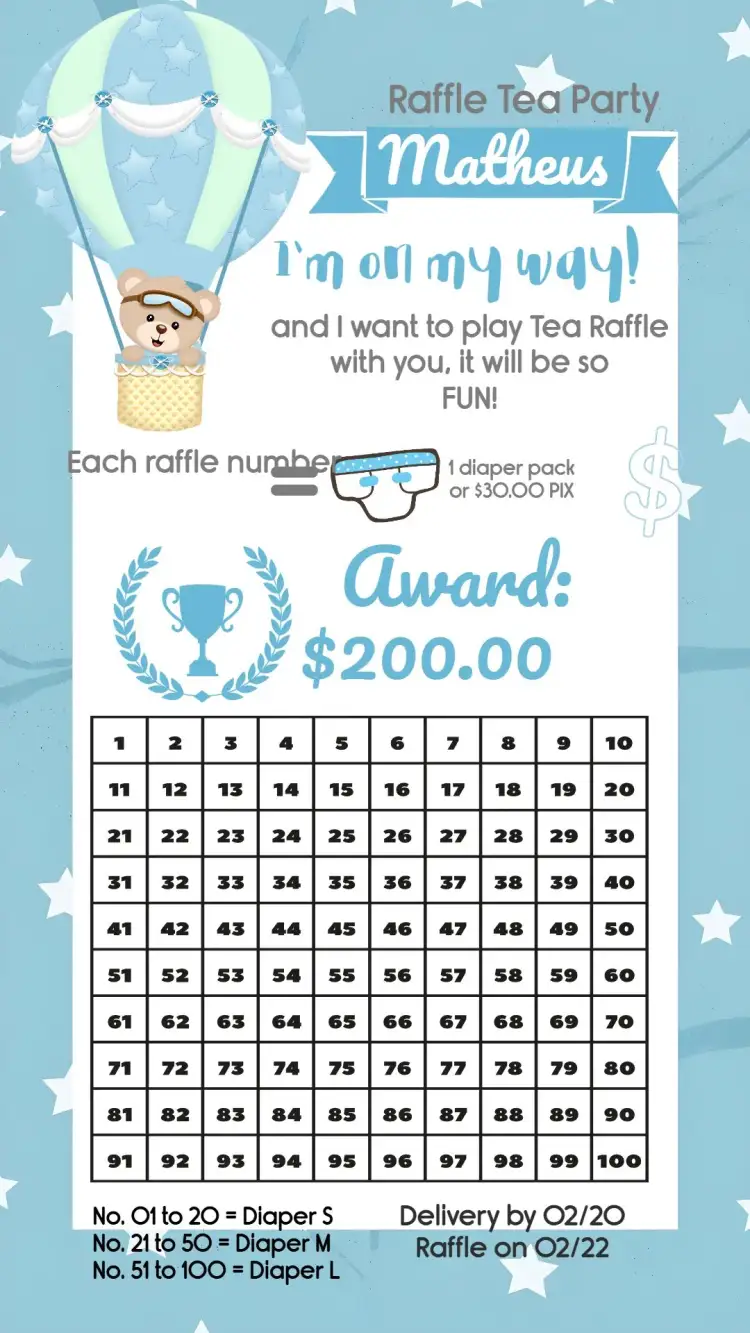 Invitation Bear Balloon Raffle Tea Party – Raffle Tea theme blue, white, playful, childish, fun, modern