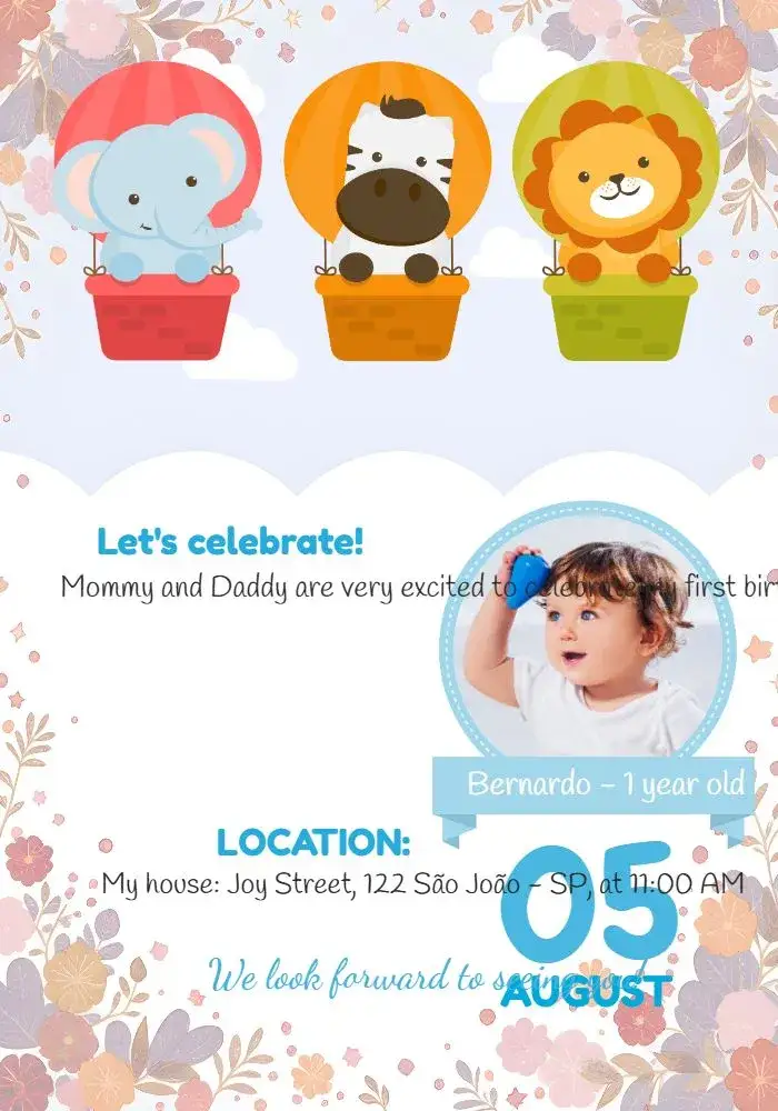 Invitation White Safari With Photo Invitation – Commemorative Dates theme wild animals, soft colors, fun style, safari graphic elements, childish design