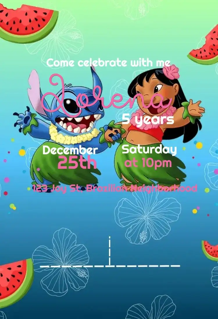 Invitation Lilo and Stitch Tropical – Kids' Birthday Party theme tropical, colorful, fun, watercolor, vibrant, Disney characters