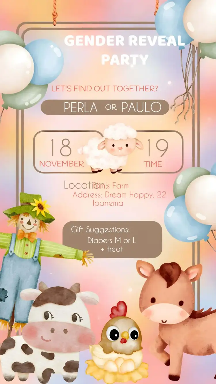 Invitation Farm Themed Gender Reveal Party – Gender Reveal theme aquarela, rústico, azul e verde, divertido, natureza, fazendinha