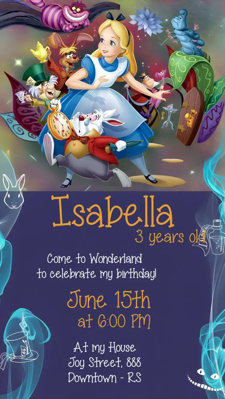 Invitation Alice In Wonderland – Commemorative Dates theme colorful, fantastic, fairy tale illustrations, vintage, fun