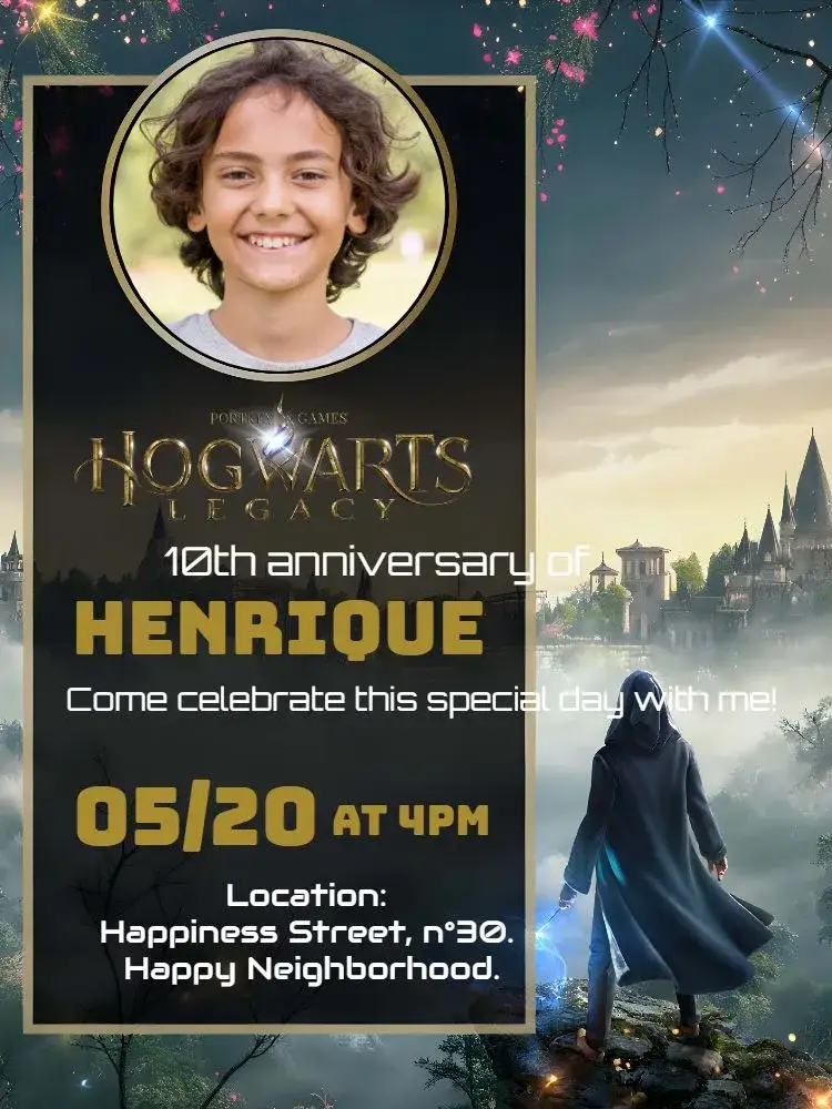 Invitation Hogwarts Legacy With Potter Photo – Kids' Birthday Party theme gray, golden, black, Harry Potter theme, magical style, RPG elements