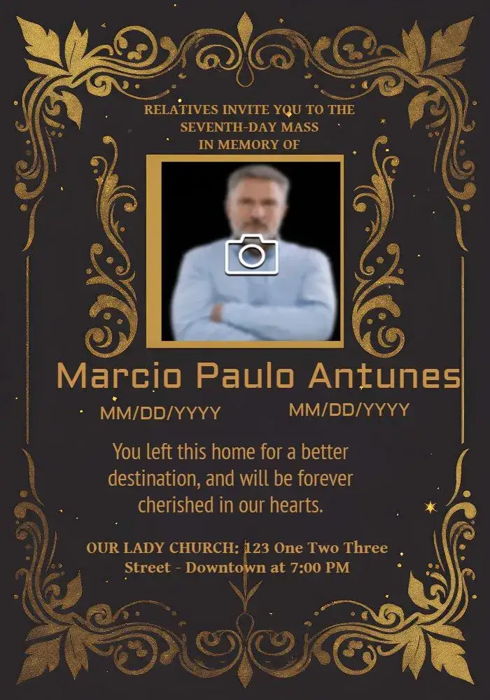 Invitation Seventh Day Mass With Mourning Photo – Commemorative Dates theme black and yellow, elegant, floral, minimalist, subtle