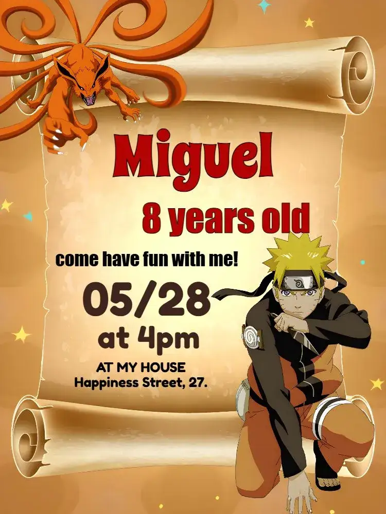 Invitation Naruto Boy – Kids' Birthday Party theme anime, ninja, vibrant, adventure, childish, colorful