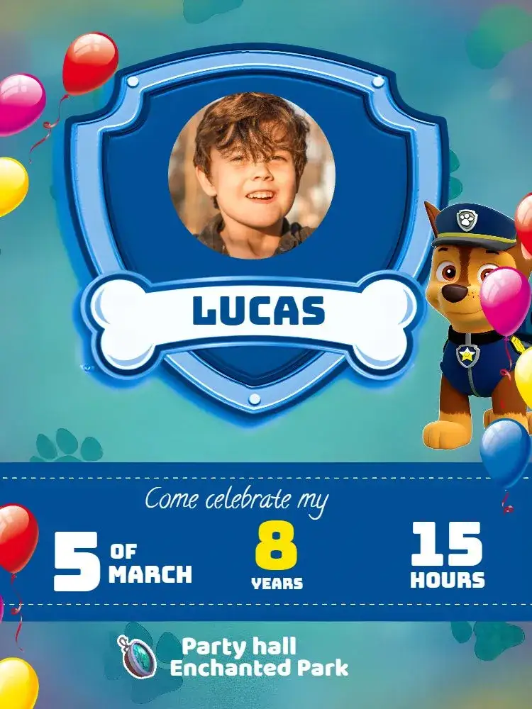 Invitation Paw Patrol With White Photo – Kids' Birthday Party theme colorful, fun, childish, modern, themed