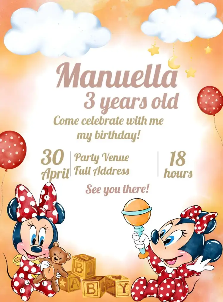Invitation Minnie Mouse Bow – Most searched for theme red, watercolor, childish, fun, themed, colorful