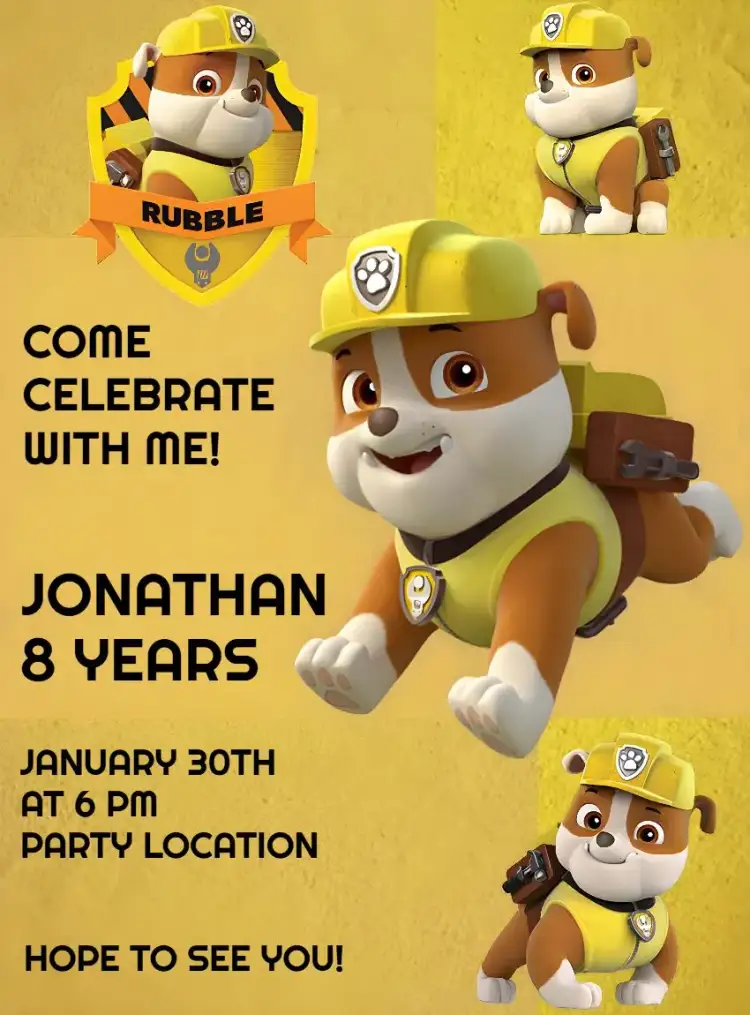 Invitation Rubble Paw Patrol Rocky – Kids' Birthday Party theme colorful, fun, themed, childish, lively