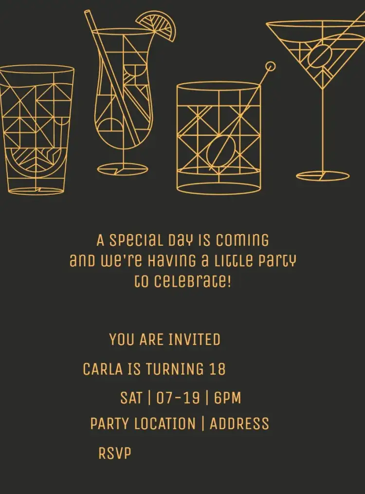 Invitation Cocktail Party Golden Drinks – Birthday theme golden, elegant, modern, nightclub, sophisticated, minimalist