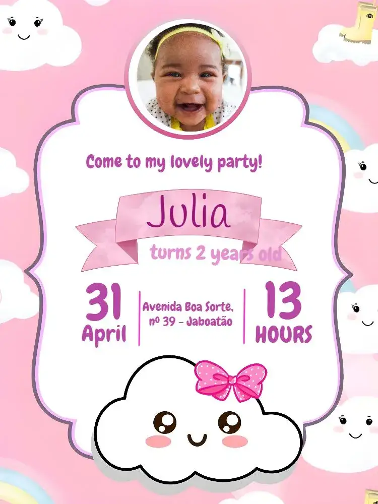 Invitation Shower Of Love With Pink Photo – Kids' Birthday Party theme pink, clouds, childish, cute, colorful, modern