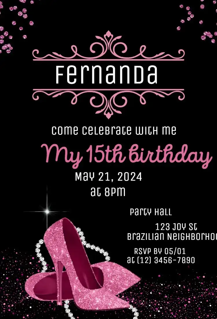 Invitation Debutante 15 years Shoe – Sweet 15 theme marbleized, elegant, modern, sophisticated, minimalist