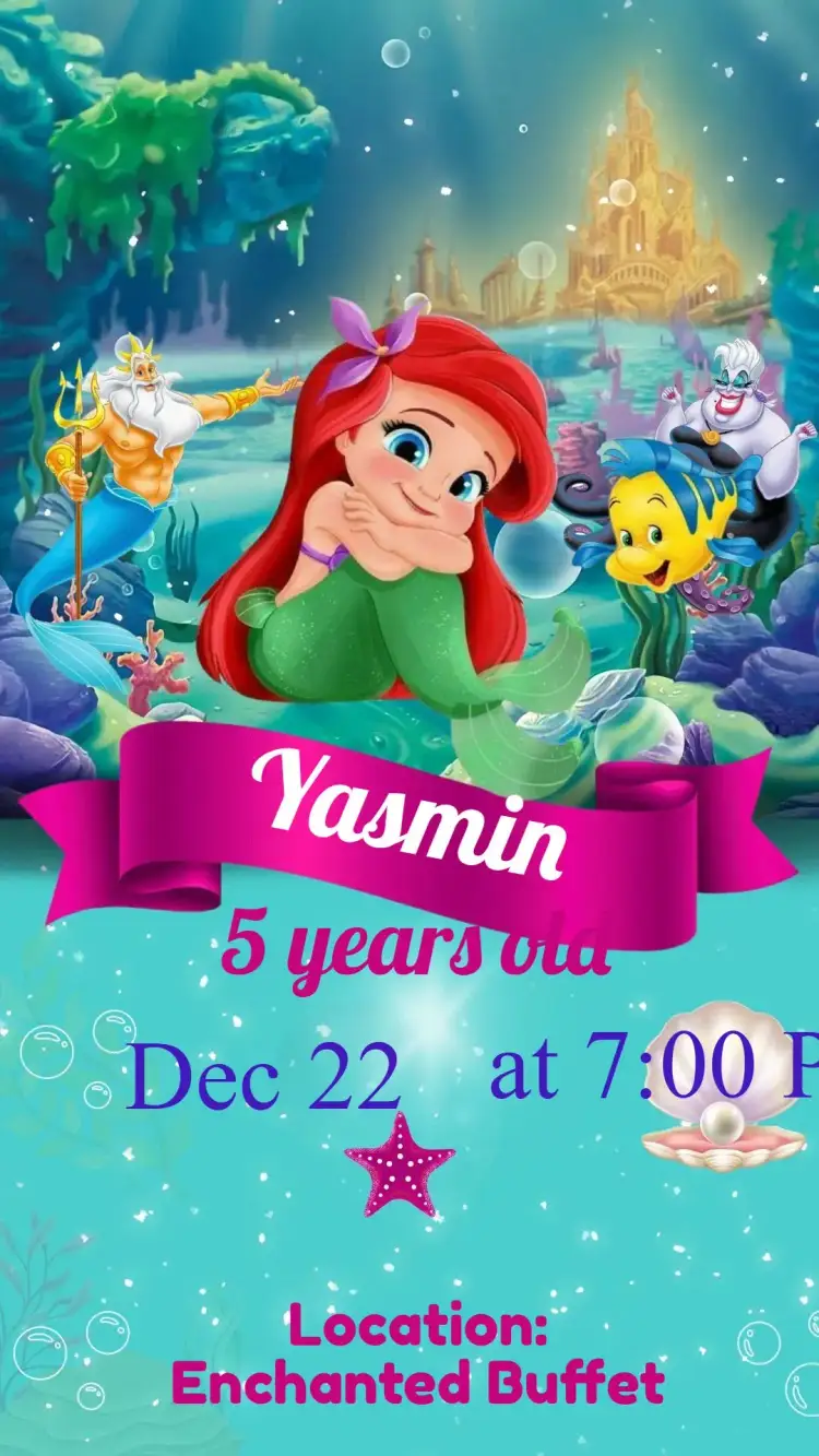 Invitation Mermaid Ariel Baby – Kids' Birthday Party theme under the sea, vibrant colors, marine elements, playful style, fun graphics, charming design