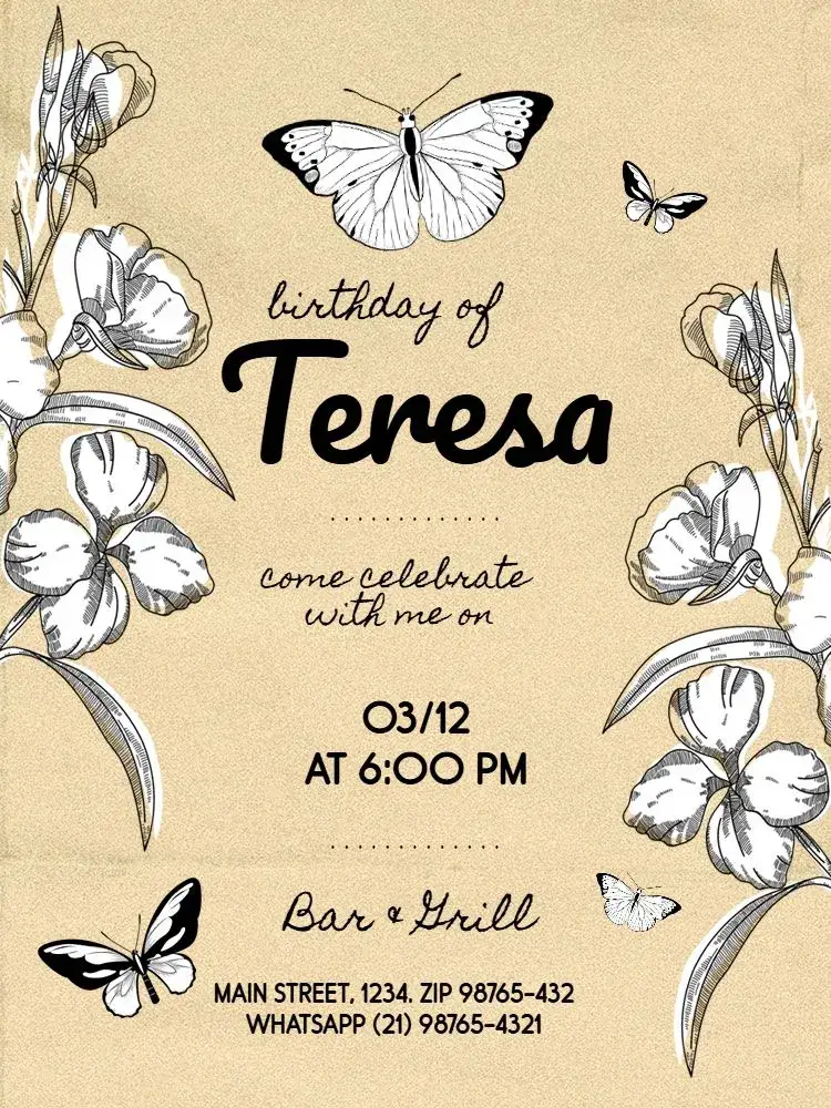 Invitation Rustic Male Butterfly S – Kids' Birthday Party theme rustic, floral, delicate, dark, masculine