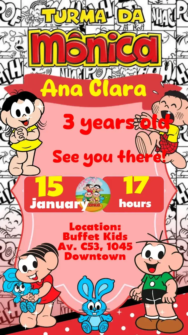 Invitation Turma da Mônica – Kids' Birthday Party theme colorful, fun, illustrative, childlike, lively