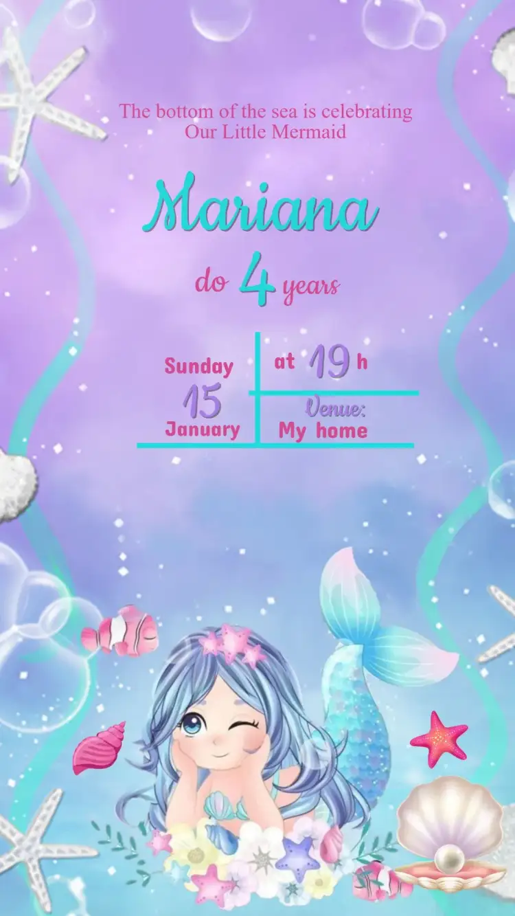 Invitation Mermaid Under the Sea Birthday Invitation – Kids' Birthday Party theme navy blue, colorful, fantasy-themed, playful, tropical, watercolor