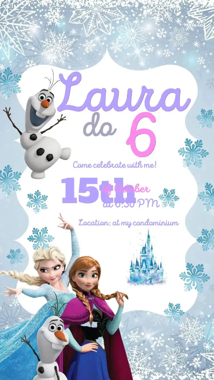 Invitation Frozen – Kids' Birthday Party theme blue and pink, magical, inspired by Disney, snow, fantasy characters