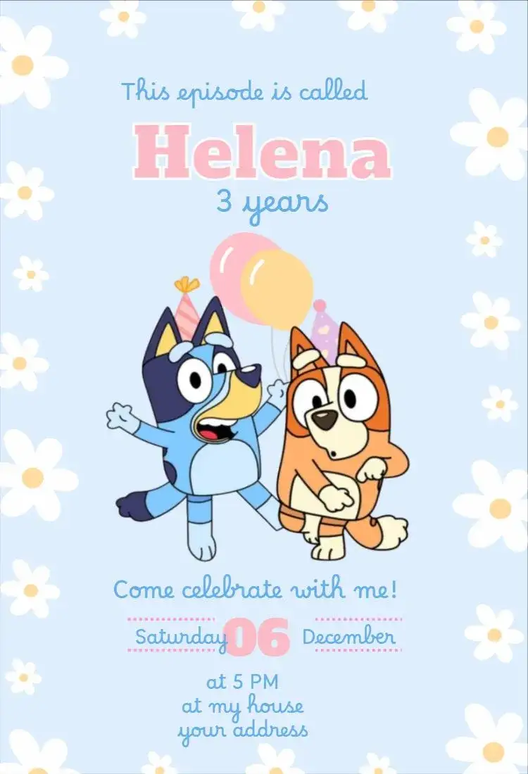 Invitation Bluey Girl Blue Invitation – Kids' Birthday Party theme vibrant, colorful, playful, fun-filled, childlike, cheerful