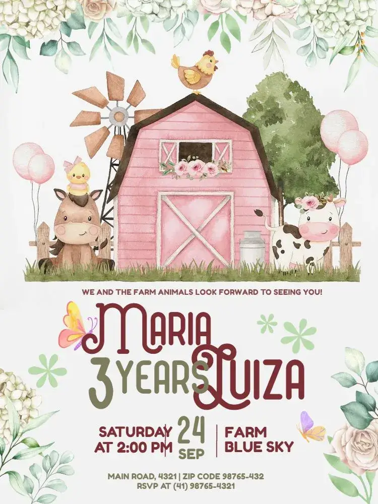 Invitation Virtual Pink Farm Party – Kids' Birthday Party theme watercolor, playful, floral, rustic, soft, colorful