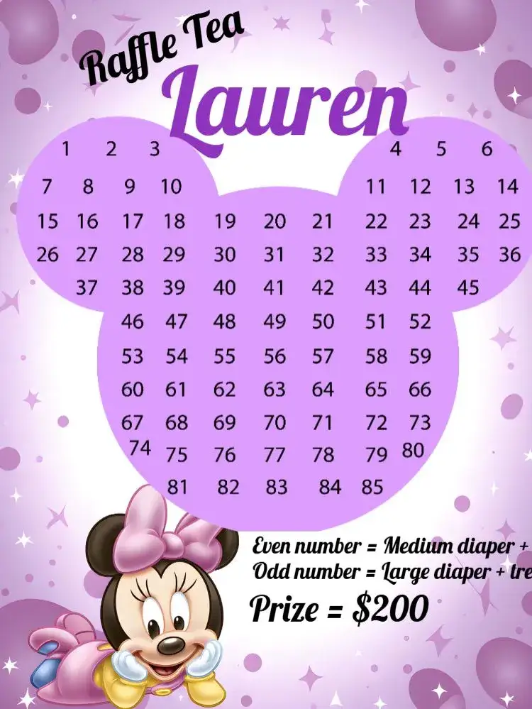 Invitation Minnie Mouse Baby Shower Raffle Numbers – Raffle Tea theme playful, colorful, childlike, modern, thematic, fun