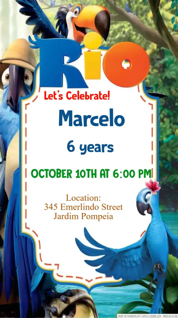 Invitation Rio the Movie – Kids' Birthday Party theme colorful, fun, lively, tropical, themed party