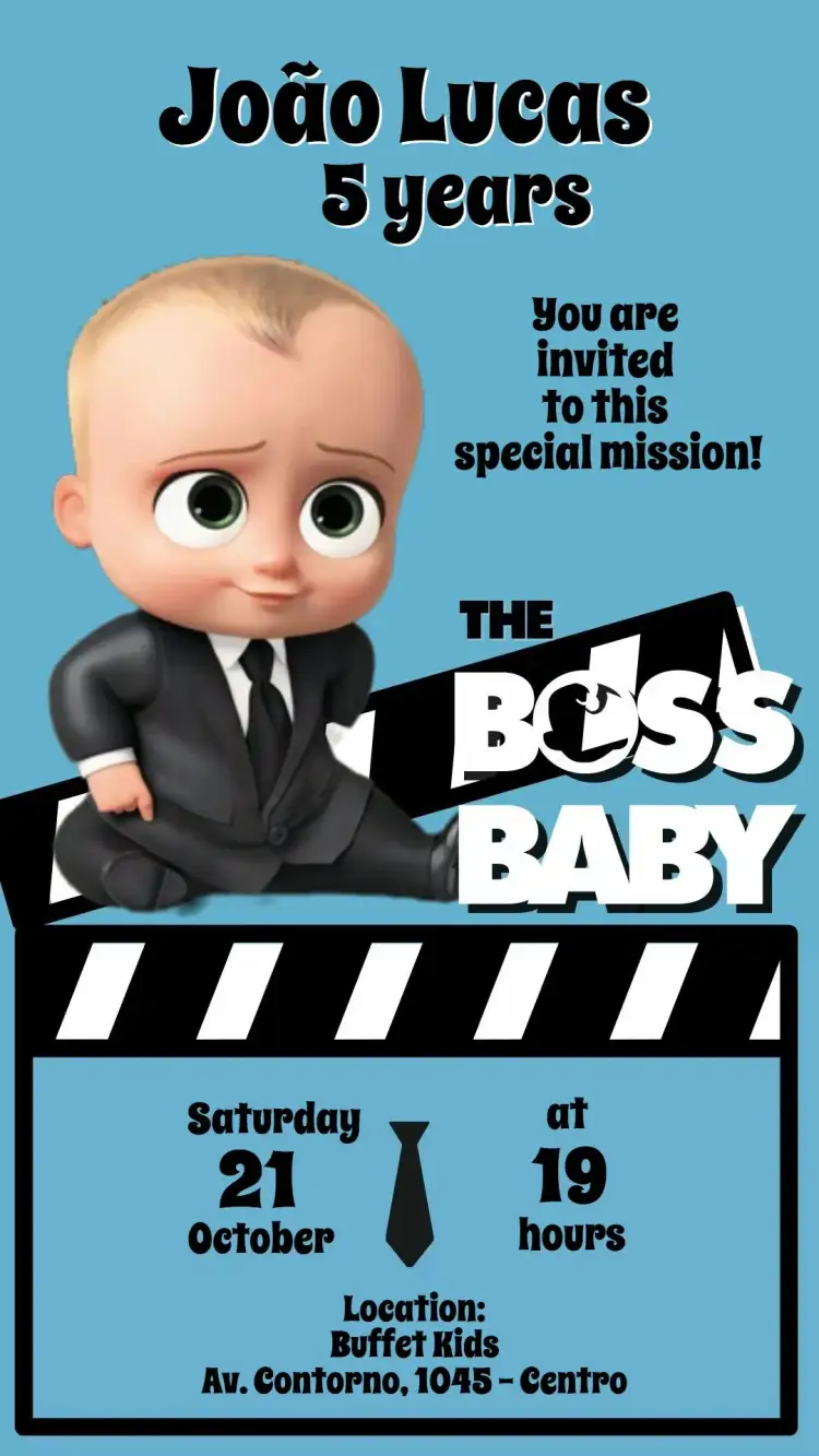 Invitation The Boss Baby – Kids' Birthday Party theme colorful, fun, illustrations of Boss Baby, children's party theme, modern style