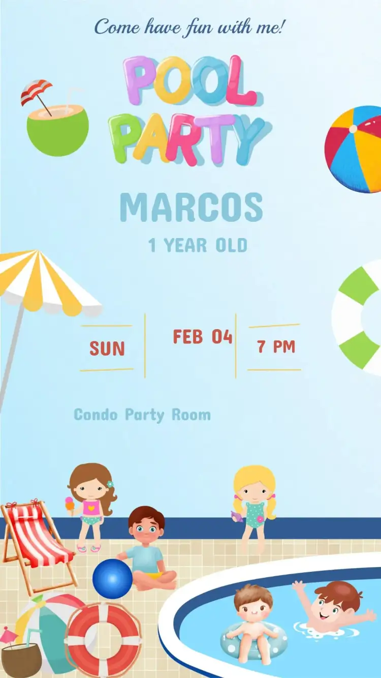 Invitation Children's Birthday Invitation Pool Party – Kids' Birthday Party theme colorful, tropical, summer, fun-filled, beachy, vibrant