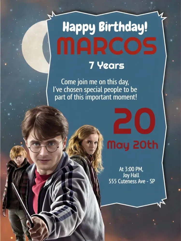 Invitation Blue Harry Potter – Kids' Birthday Party theme blue, red, magical, fantasy, witchcraft