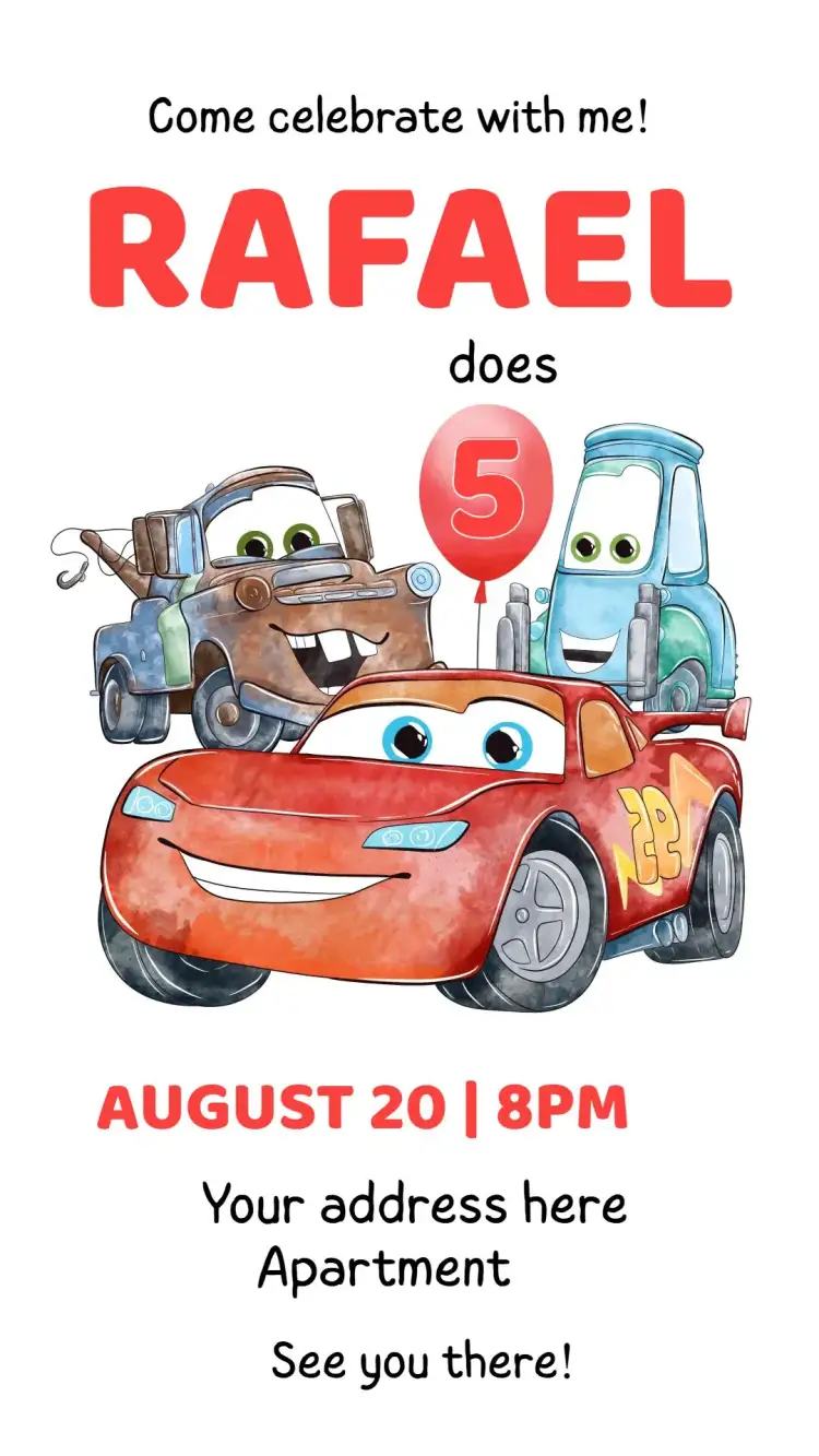 Invitation Carros – Kids' Birthday Party theme colorful, fun, themed, car illustrations, Disney style, vibrant