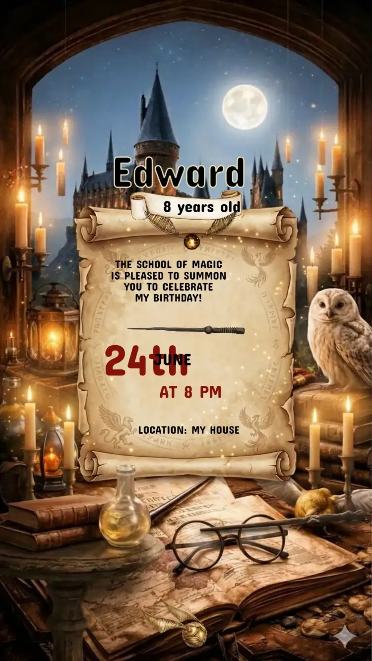 Invitation Harry Potter Kids Birthday Invitation – Kids' Birthday Party theme magical, fantasy, vibrant, colorful, adventure, illustration