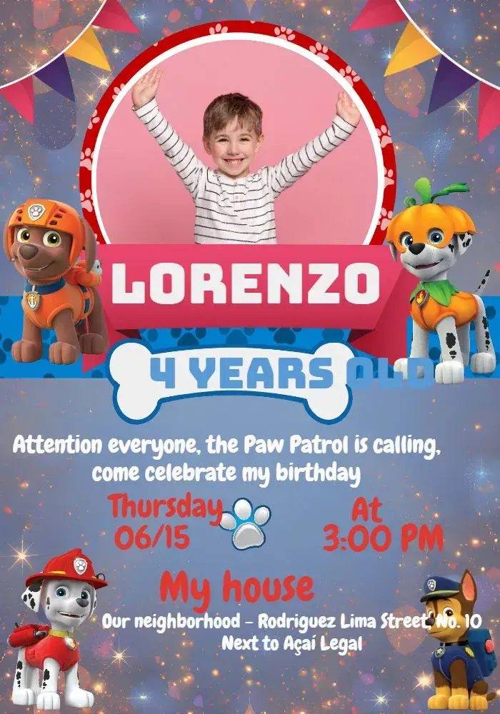 Paw Patrol With Paw Photo invitation