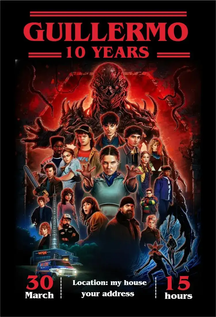 Invitation Stranger Things 5th season – Kids' Birthday Party theme dark visual, neon, fantasy, adventure, TV series