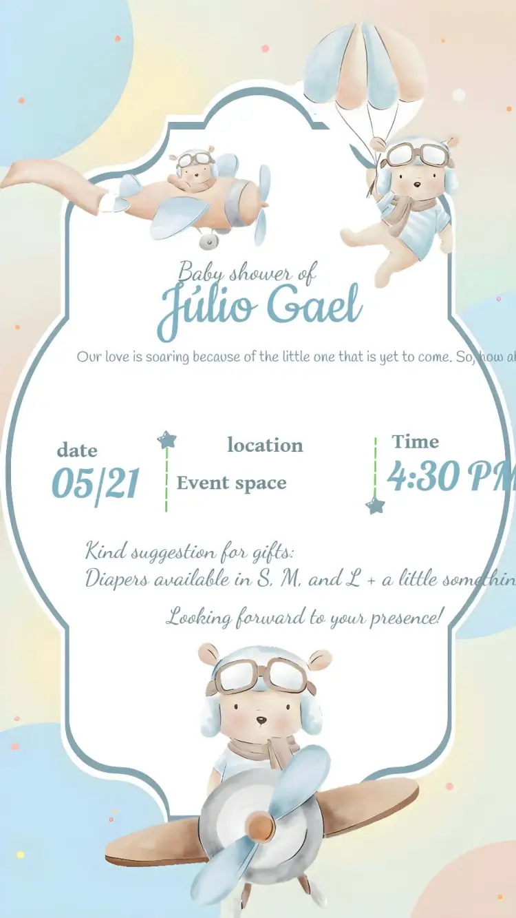 Invitation Baby Shower Aviator Bear Watercolor – Diaper Shower theme watercolor, children's, teddy bear, aviator, soft, colorful