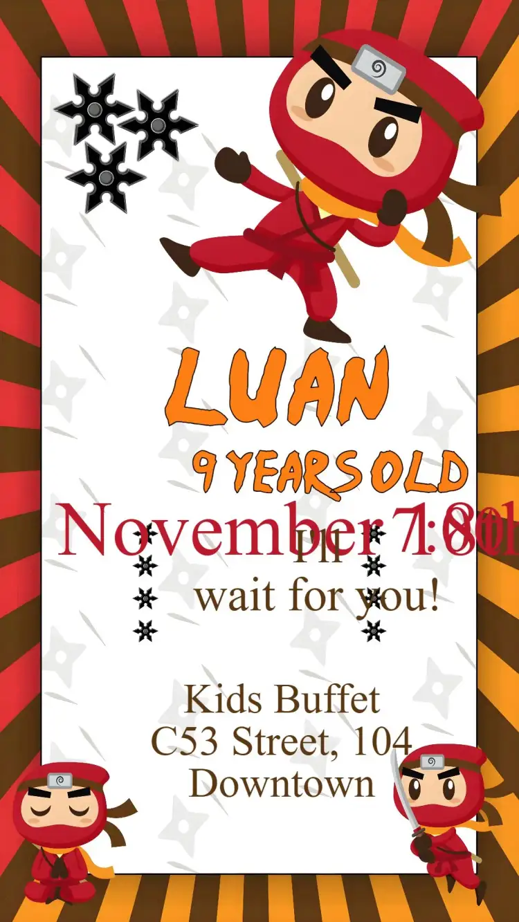 Invitation Ninja Cute – Kids' Birthday Party theme vibrant colors, cute style, ninja illustrations, childish design, fun theme, cheerful graphic elements