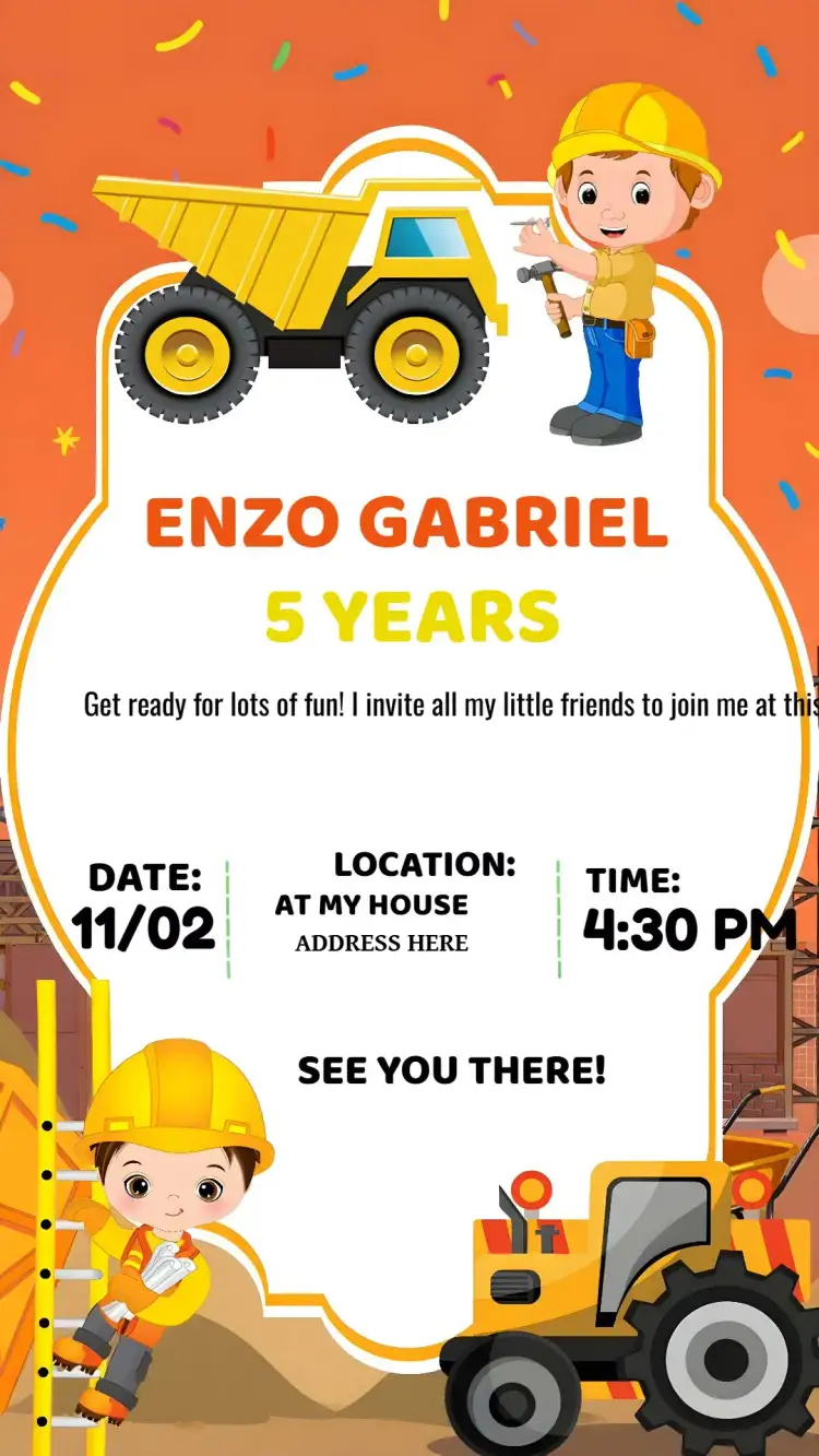 Invitation Construction Tractor – Raffle Tea theme colorful, childlike, themed, vibrant, fun, construction