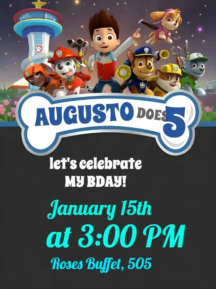 Invitation Paw Patrol – Kids' Birthday Party theme colorful, fun, themed, childish, lively