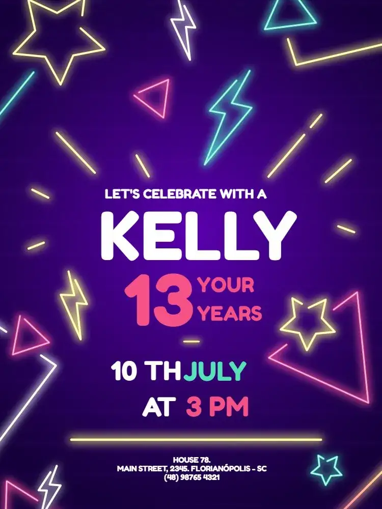 Invitation Dark Neon Party – Kids' Birthday Party theme neon, modern, geometric, purple, galaxy, playful
