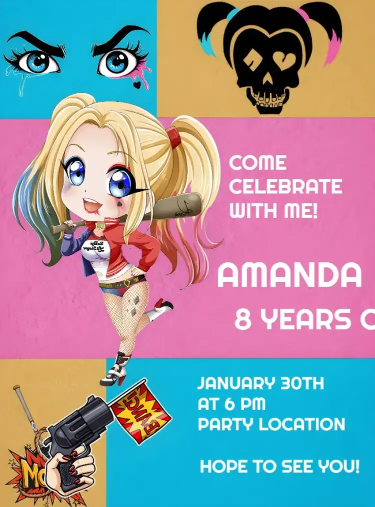 Invitation Harley Quinn – Kids' Birthday Party theme colorful, fun, comic, modern, youthful