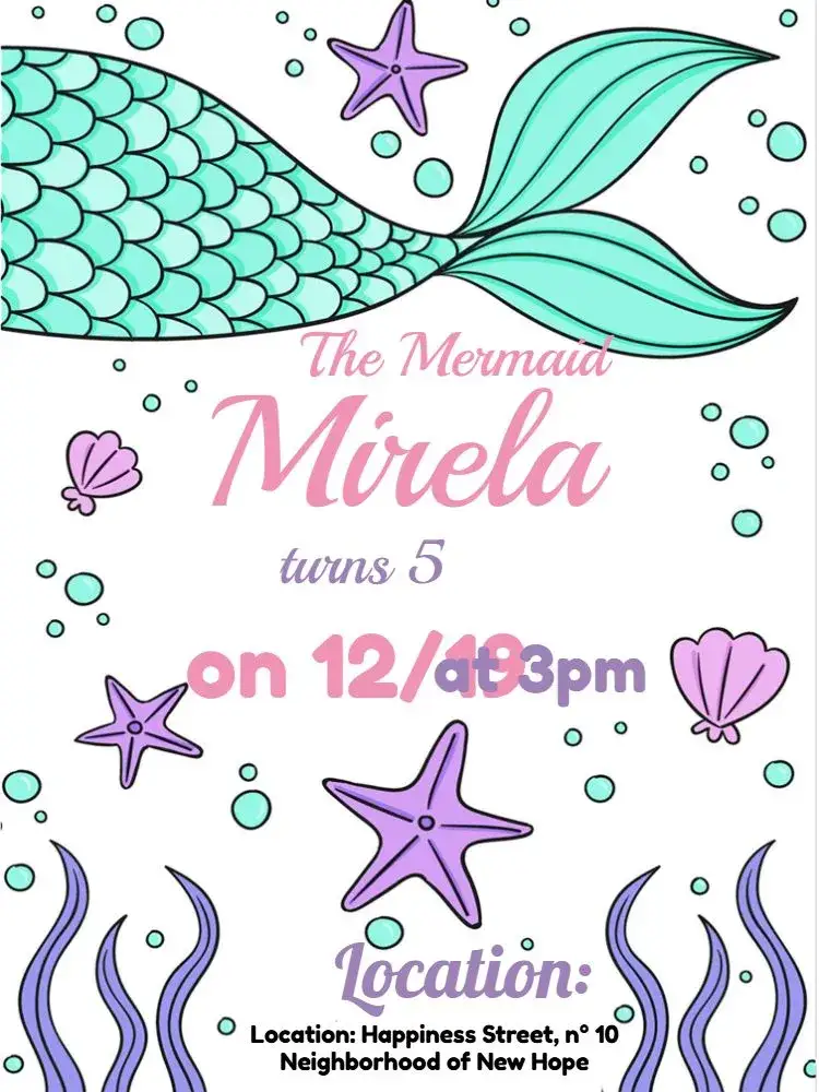 Invitation Mermaid Theme – Kids' Birthday Party theme under the sea, pastel colors, aquatic elements, mermaid graphics, playful style, childlike fantasy