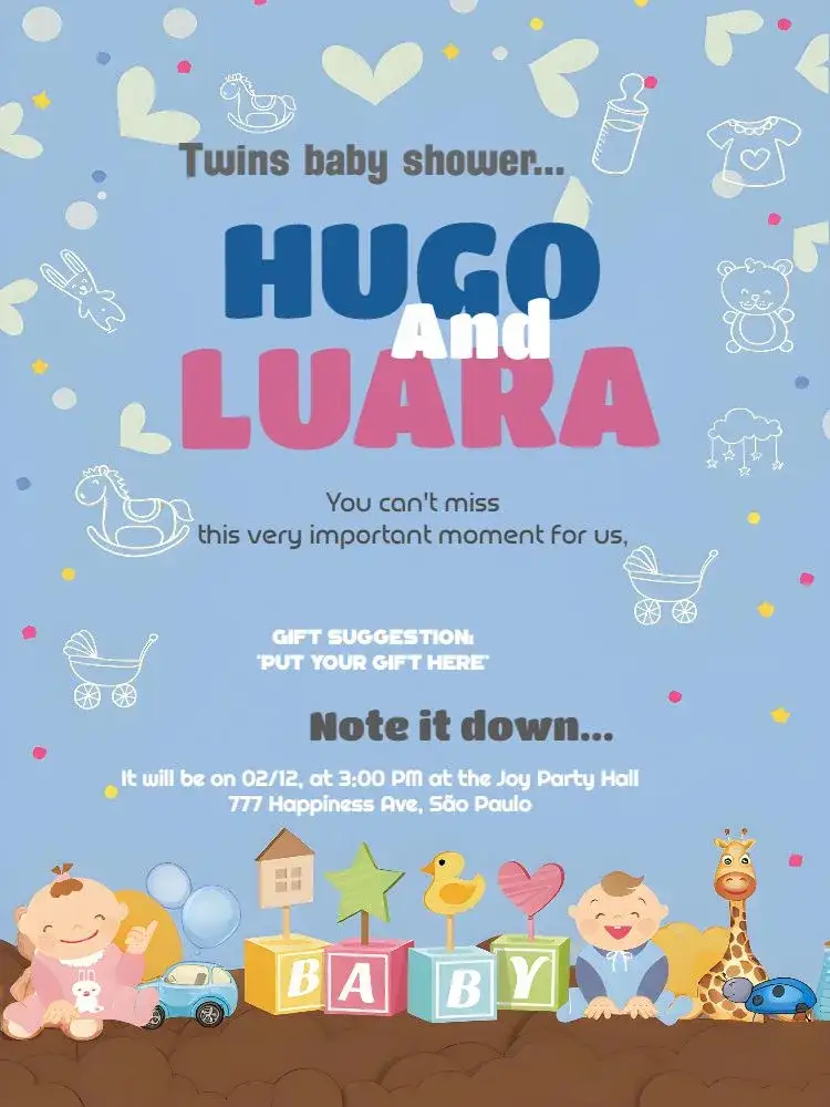 Invitation Twin Baby Shower – Diaper Shower theme blue, playful, modern, childish, fun