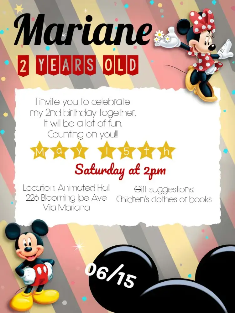 Invitation Minnie Mouse Miny – Commemorative Dates theme colorful, childish, Disney, red and yellow, cartoon style, forest animals