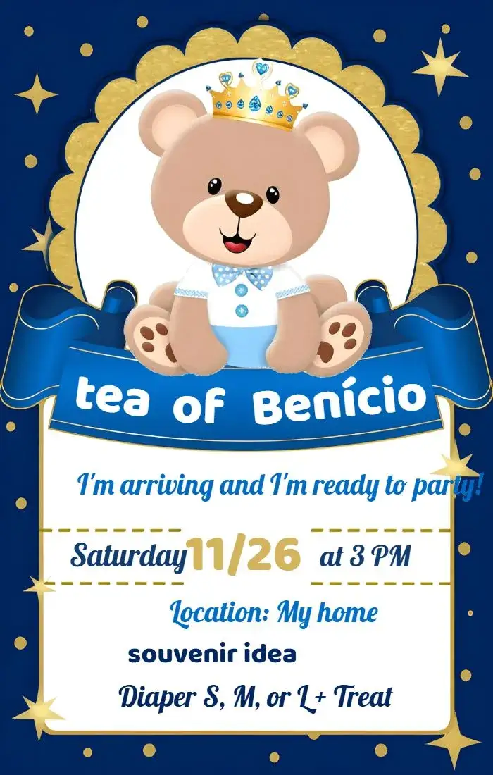 Invitation Baby Shower Little Prince Teddy Bear Favor – Diaper Shower theme blue, golden, teddy bears, children's, delicate, cute